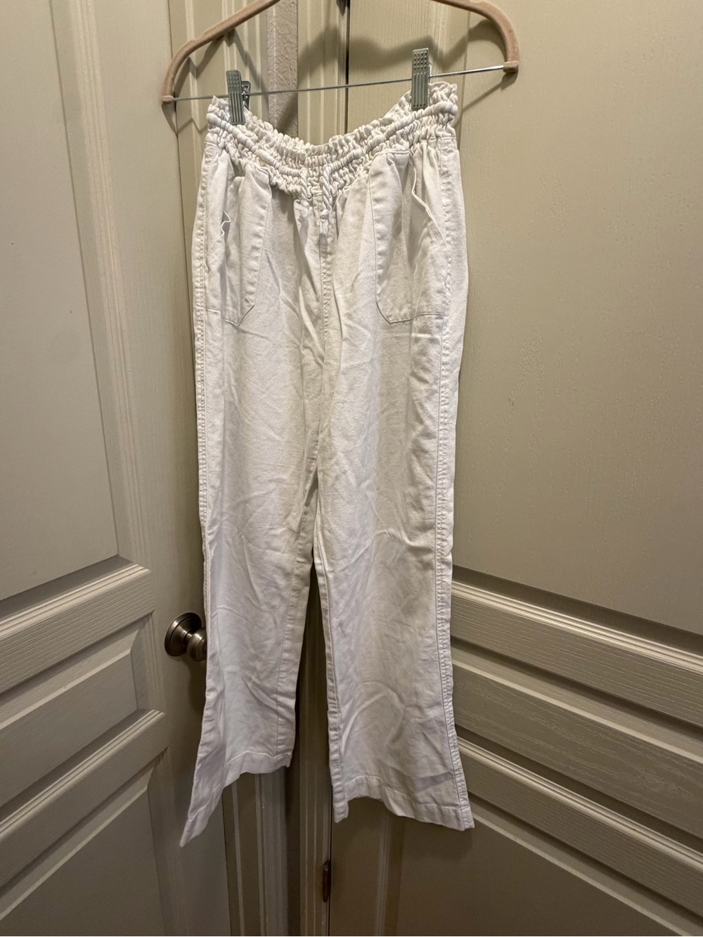 White Elastic-Waist Linen Blend Pants
